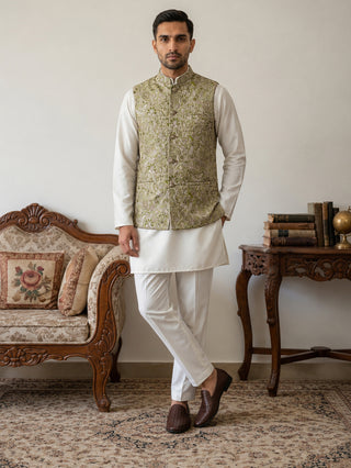 Men's Floral Jacquard Silk Blend Nehru Jacket with Kurta Set