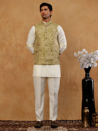 Men's Floral Jacquard Silk Blend Nehru Jacket with Kurta Set