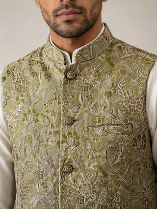 Men's Floral Jacquard Silk Blend Nehru Jacket with Kurta Set