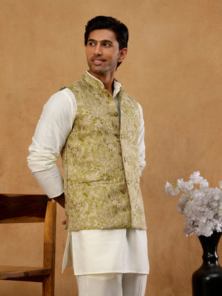 Men's Floral Jacquard Silk Blend Nehru Jacket with Kurta Set