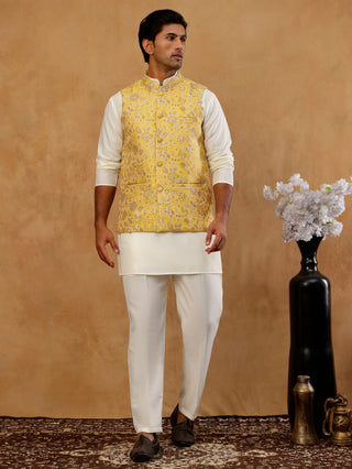 Men's Floral Jacquard Silk Blend Nehru Jacket with Kurta Set