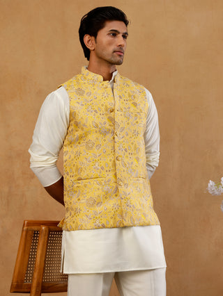 Men's Floral Jacquard Silk Blend Nehru Jacket with Kurta Set
