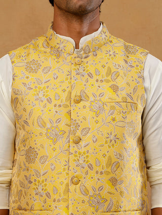 Men's Floral Jacquard Silk Blend Nehru Jacket with Kurta Set