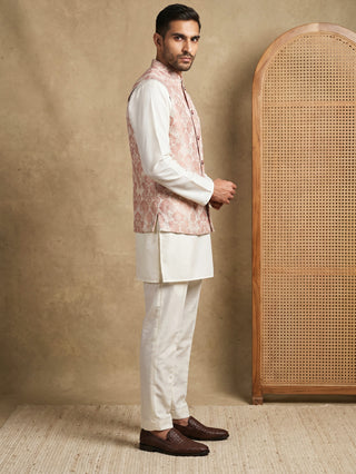 Men's Floral Woven Silk Blend Nehru Jacket with Kurta Pyjama