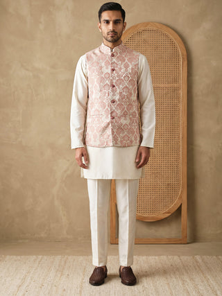 Men's Floral Woven Silk Blend Nehru Jacket with Kurta Pyjama