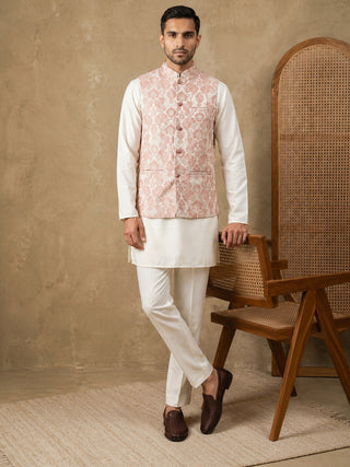 Men's Floral Woven Silk Blend Nehru Jacket with Kurta Pyjama