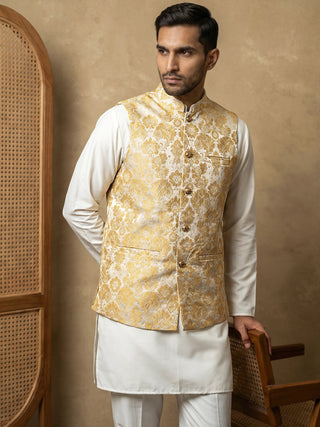 Men's Floral Woven Silk Blend Nehru Jacket with Kurta Pyjama