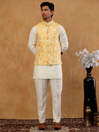 Men's Floral Woven Silk Blend Nehru Jacket with Kurta Pyjama