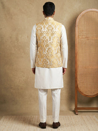 Men's Floral Woven Silk Blend Nehru Jacket with Kurta Pyjama
