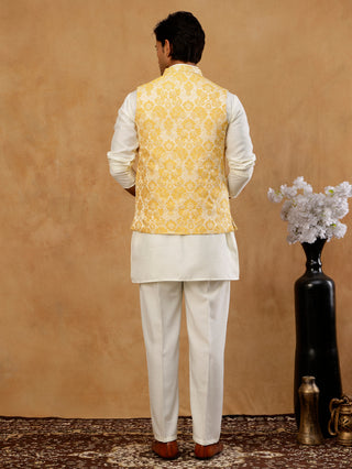 Men's Floral Woven Silk Blend Nehru Jacket with Kurta Pyjama