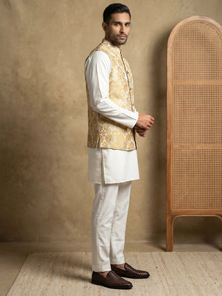 Men's Floral Woven Silk Blend Nehru Jacket with Kurta Pyjama