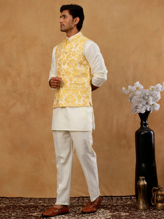 Men's Floral Woven Silk Blend Nehru Jacket with Kurta Pyjama