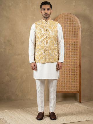 Men's Floral Woven Silk Blend Nehru Jacket with Kurta Pyjama
