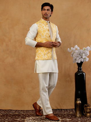 Men's Floral Woven Silk Blend Nehru Jacket with Kurta Pyjama