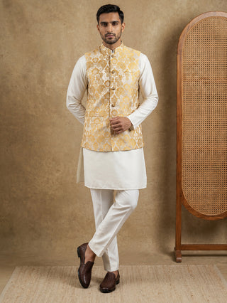 Men's Floral Woven Silk Blend Nehru Jacket with Kurta Pyjama