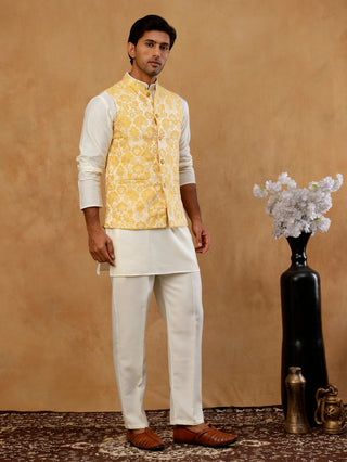 Men's Floral Woven Silk Blend Nehru Jacket with Kurta Pyjama