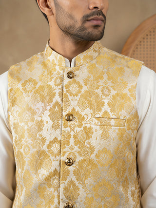 Men's Floral Woven Silk Blend Nehru Jacket with Kurta Pyjama