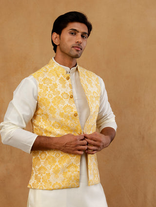 Men's Floral Woven Silk Blend Nehru Jacket with Kurta Pyjama