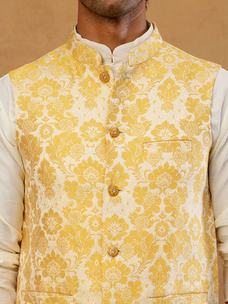 Men's Floral Woven Silk Blend Nehru Jacket with Kurta Pyjama