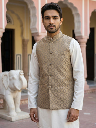 Men's Woven Design Silk Blend Nehru Jacket with Kurta Pyjama