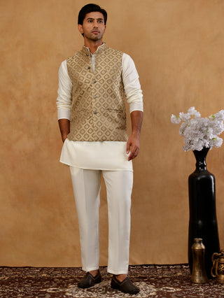 Men's Woven Design Silk Blend Nehru Jacket with Kurta Pyjama