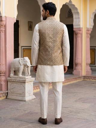 Men's Woven Design Silk Blend Nehru Jacket with Kurta Pyjama