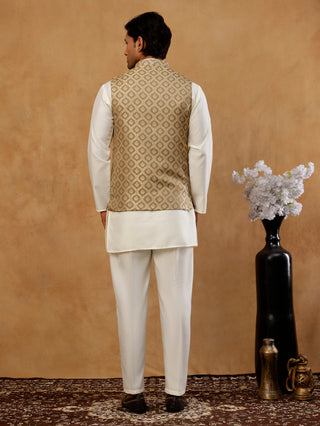 Men's Woven Design Silk Blend Nehru Jacket with Kurta Pyjama