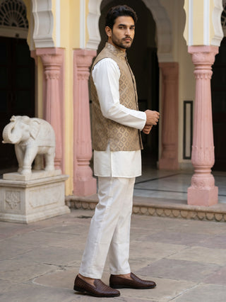 Men's Woven Design Silk Blend Nehru Jacket with Kurta Pyjama