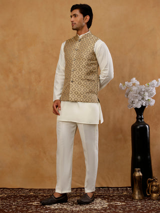 Men's Woven Design Silk Blend Nehru Jacket with Kurta Pyjama