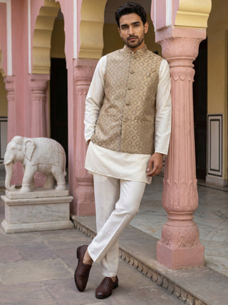 Men's Woven Design Silk Blend Nehru Jacket with Kurta Pyjama