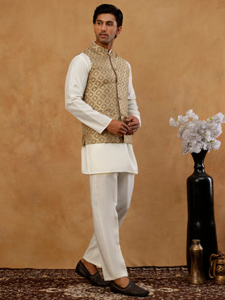 Men's Woven Design Silk Blend Nehru Jacket with Kurta Pyjama