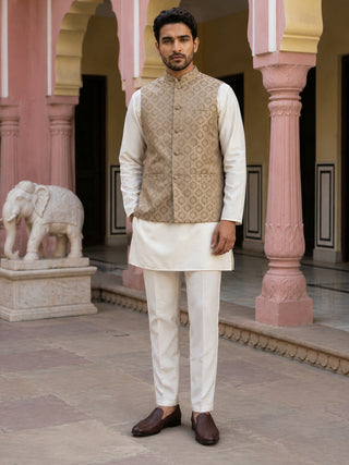 Men's Woven Design Silk Blend Nehru Jacket with Kurta Pyjama