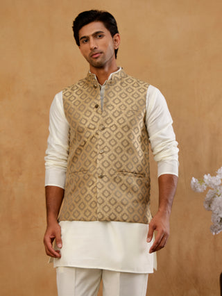 Men's Woven Design Silk Blend Nehru Jacket with Kurta Pyjama
