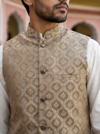 Men's Woven Design Silk Blend Nehru Jacket with Kurta Pyjama