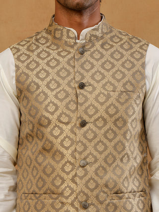 Men's Woven Design Silk Blend Nehru Jacket with Kurta Pyjama