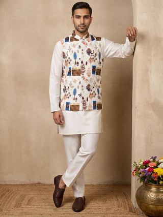 Men Cotton Blend Printed Nehru Jacket with Solid Kurta Set