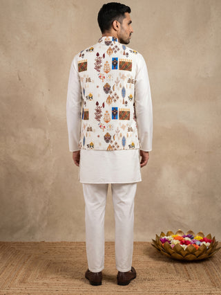 Men Cotton Blend Printed Nehru Jacket with Solid Kurta Set