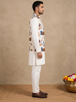 Men Cotton Blend Printed Nehru Jacket with Solid Kurta Set