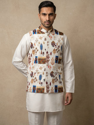 Men Cotton Blend Printed Nehru Jacket with Solid Kurta Set