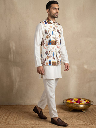 Men Cotton Blend Printed Nehru Jacket with Solid Kurta Set