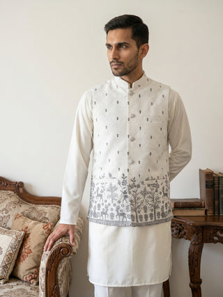 Men Cotton Blend Printed Nehru Jacket Kurta Set