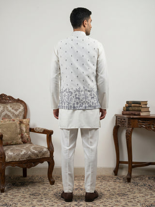 Men Cotton Blend Printed Nehru Jacket Kurta Set