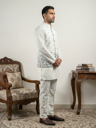 Men Cotton Blend Printed Nehru Jacket Kurta Set