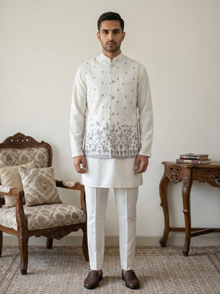 Men Cotton Blend Printed Nehru Jacket Kurta Set