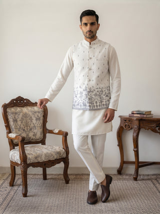 Men Cotton Blend Printed Nehru Jacket Kurta Set