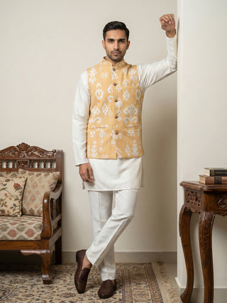 Ikat Print Cotton Blend Nehru Jacket With Kurta Set