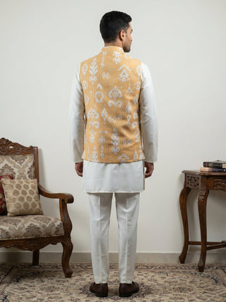 Ikat Print Cotton Blend Nehru Jacket With Kurta Set