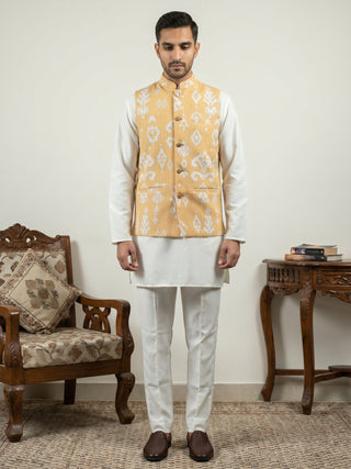 Ikat Print Cotton Blend Nehru Jacket With Kurta Set