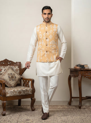 Ikat Print Cotton Blend Nehru Jacket With Kurta Set