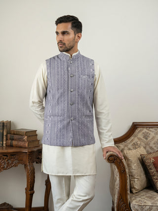 Men's Cotton Blend Embroidered Nehru Jacket with Kurta & Pyjama Set